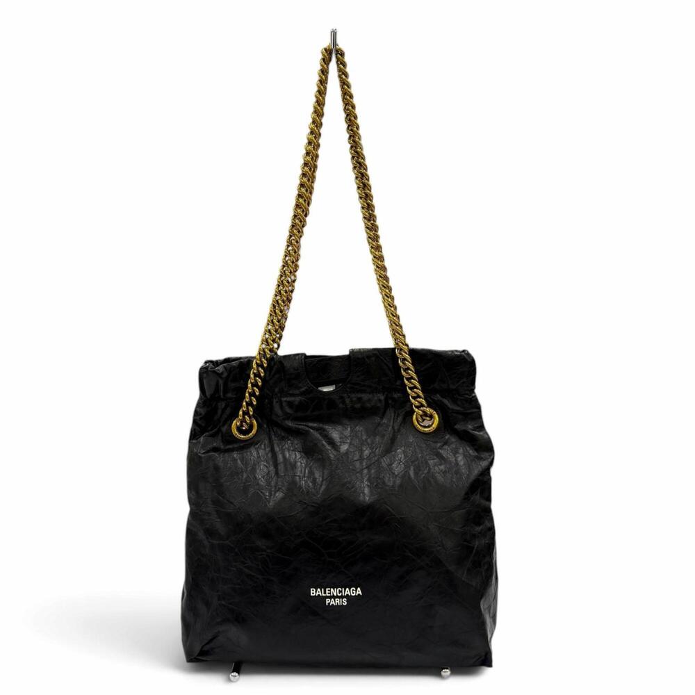 BALENCIAGA 742942 CRUSH Leather 2-Way Chain Shoulder Bag/Tote Bag, Black with...